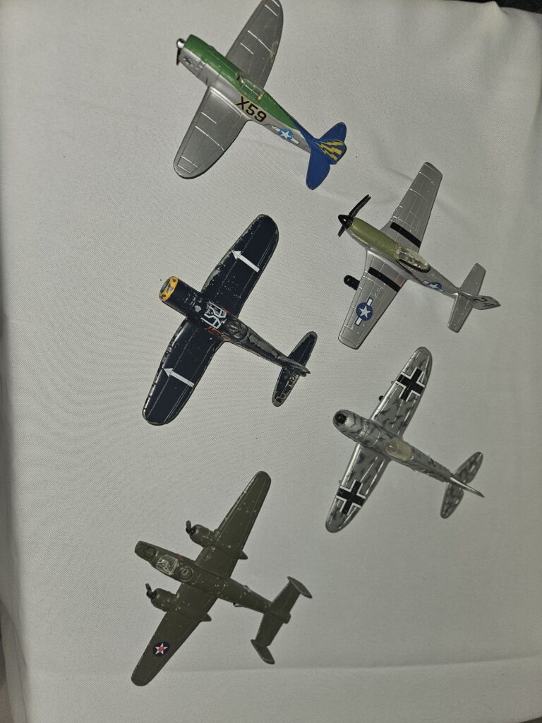 Lot of 6 Vintage WWII Die-Cast Planes – P-51 Mustang, B-25, Messerschmitt, Corsair & More – WW2 Aircraft